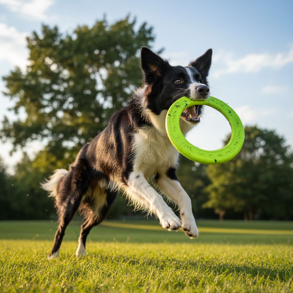 A high-energy photographic scene of a sleek border collie mid-leap, catching a neon green rubber frisbee in a lush park. The dog’s glossy black-and-white fur is sharply defined, and the textured frisbee shows small chew marks that hint at frequent play. The background features a soft-focus expanse of green grass and scattered trees under a bright blue sky. Late afternoon golden-hour sunlight streams from the side, creating dynamic highlights along the dog’s fur and rim lighting around the frisbee, with a slight motion blur on the background. Shot from a low angle to emphasize movement and excitement, the vibrant, playful mood captures the joy of outdoor dog toys and active pet lifestyles.