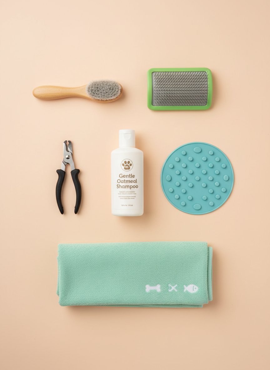 An organized, top-down photographic view of a complete grooming and care kit laid out on a pastel peach background. There is a soft-bristle brush with wooden handle, a slicker brush with fine metal pins, nail clippers, a gentle oatmeal shampoo bottle, a silicone lick mat, and a folded microfiber towel in mint green. Small graphic icons of a bone and fish are printed on the towel’s edge for a playful touch. Bright, even studio lighting eliminates harsh shadows, creating a clean, modern look. Each item is spaced evenly, creating a flat-lay composition with sharp focus across the frame, evoking a sense of readiness and thoughtful care for both dogs and cats in a joyful, organized way.