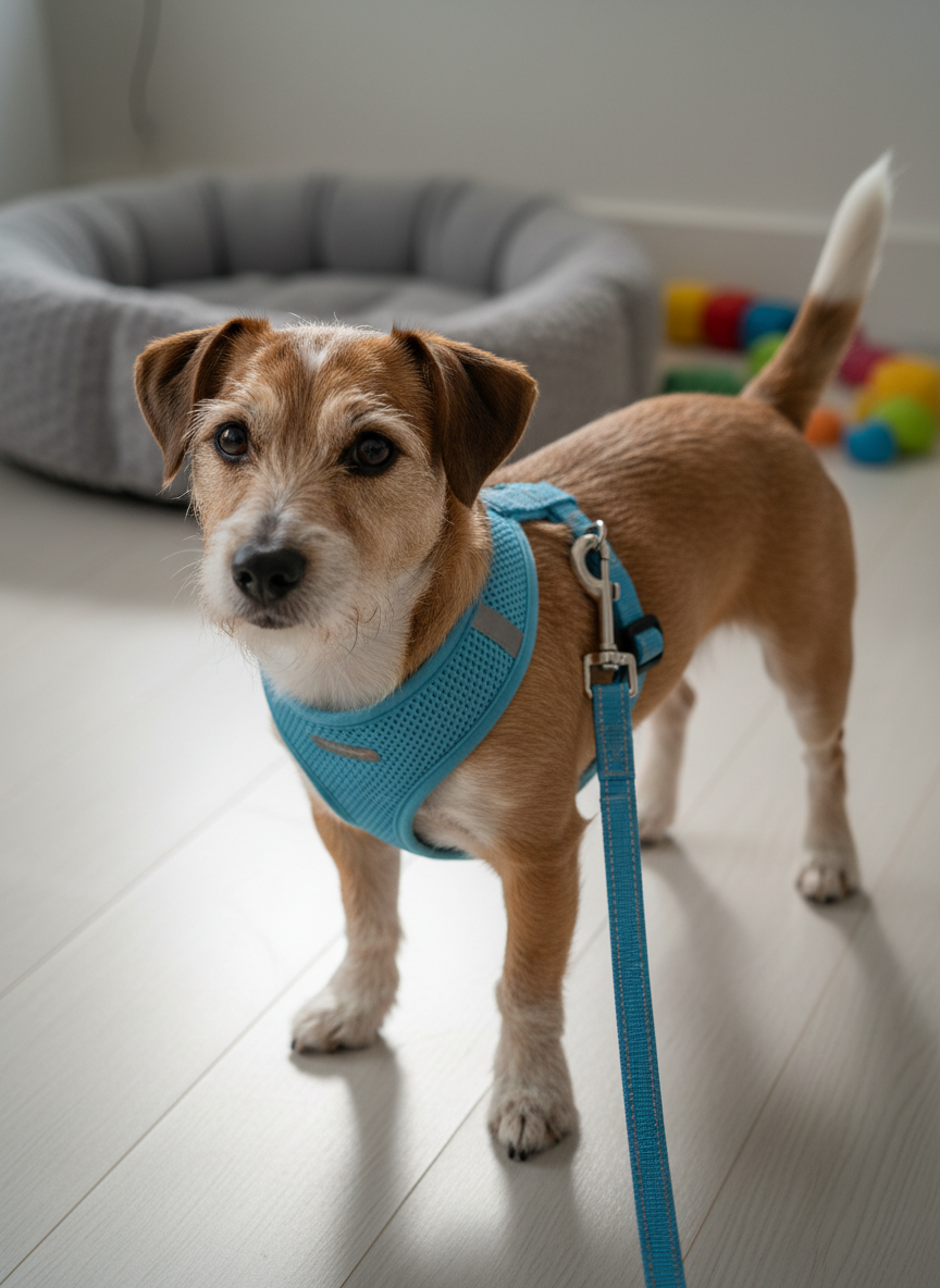 A close-up, photographic image of a small mixed-breed dog wearing a sky-blue harness with padded mesh and reflective stitching, paired with a matching leash. The dog stands on a smooth, light wood floor in a bright, minimalist living room, with a plush pet bed and a few blurred toys in the background. Soft morning daylight pours through an unseen window, casting gentle, natural highlights on the harness fabric and a subtle reflection on a polished metal leash clip. Captured from a slightly elevated angle, the composition follows the rule of thirds, focusing on the harness details and the dog’s relaxed posture, conveying comfort, safety, and playful everyday style.