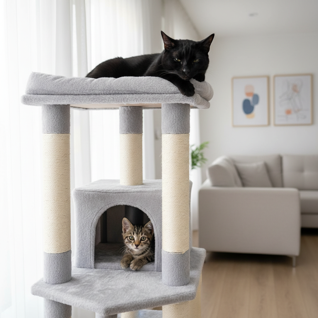A photographic close-up of a modern, multi-level cat tree covered in light gray, soft plush fabric with natural sisal-wrapped scratching posts. A sleek black cat lounges on the top platform, paws tucked under, while a playful kitten peeks from a lower cubby hole. The cat tree stands near a large window with sheer white curtains, allowing soft, diffused daylight to bathe the scene in a gentle glow. The background shows a minimal, bright living room in soft focus. Captured at eye level with a slight angle to reveal depth, the composition emphasizes comfort, vertical play space, and stylish design that blends with contemporary home decor, radiating a calm yet playful mood.