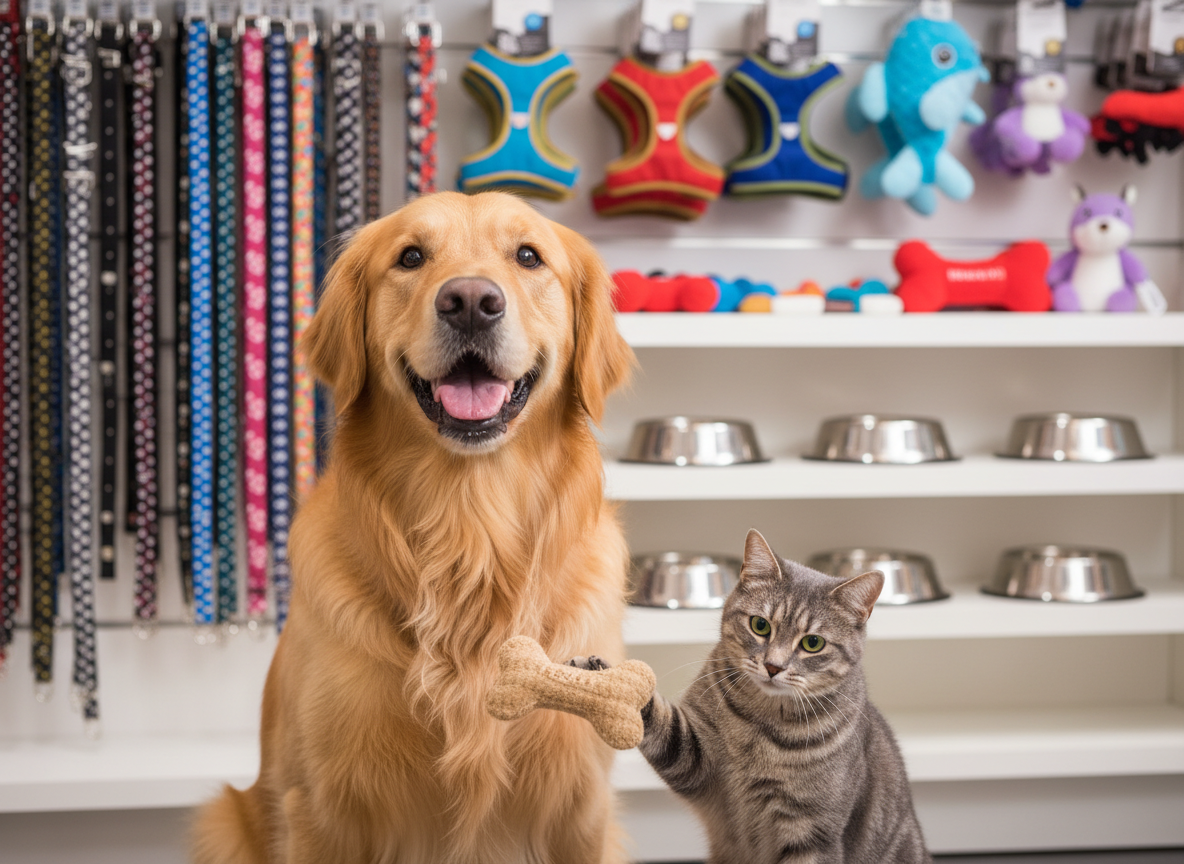 A cheerful golden retriever and a curious gray tabby cat sitting side by side in front of a neatly arranged display of colorful pet accessories. There are bright nylon collars with playful patterns, soft harnesses, stainless steel bowls, and plush toys shaped like bones and fish, all organized on clean white shelving. Soft studio lighting from above and slightly to the side creates gentle highlights on the animals’ fur and a subtle shine on metal buckles. Photographic realism, vibrant and colorful, shot at eye level with a shallow depth of field so the pets and closest accessories are in crisp focus while the background shelves blur softly, creating a friendly, inviting atmosphere for a modern pet store brand.