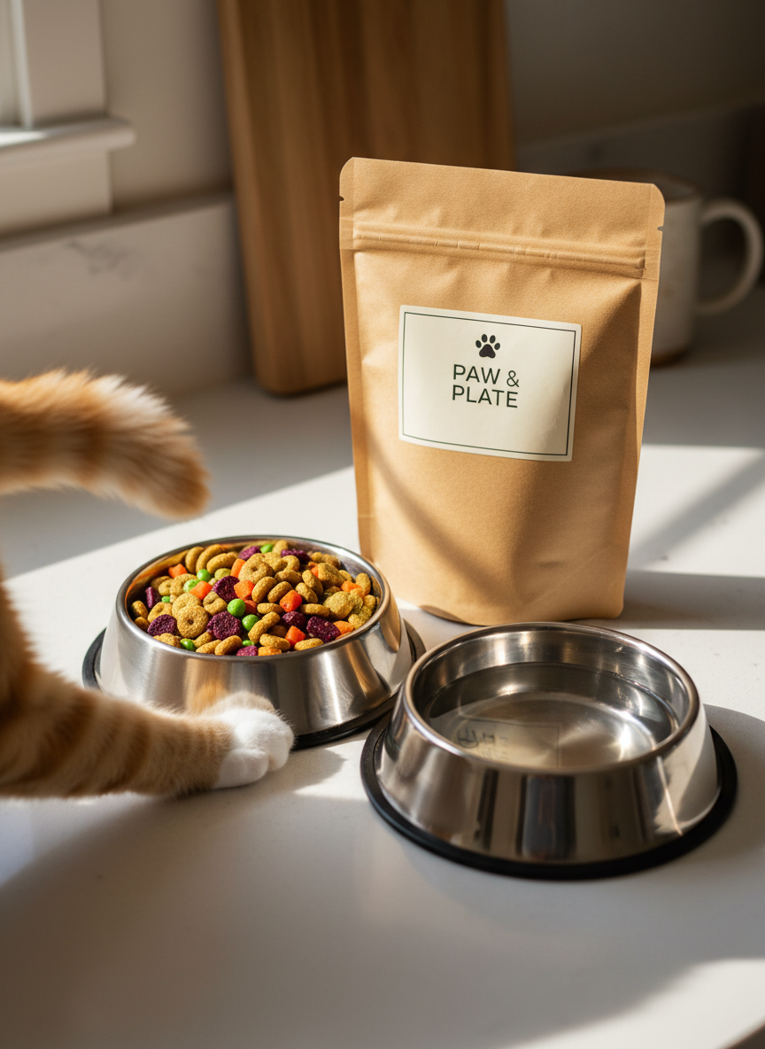 A cozy photographic still life of premium pet nutrition: two stainless steel bowls on a matte white countertop, one filled with high-quality kibble mixed with visible dehydrated vegetables, the other with fresh water catching subtle reflections. Behind them sits a resealable kraft paper bag of pet food with a simple, modern label featuring a small paw icon. A curious orange tabby cat’s paw and tail appear at the edge of the frame, reaching toward the bowl. Soft, diffused daylight from a nearby window creates a calm, homey atmosphere with gentle shadows. Shot at a slightly elevated angle with sharp focus on the bowls and food texture, the composition feels clean, trustworthy, and warmly inviting.