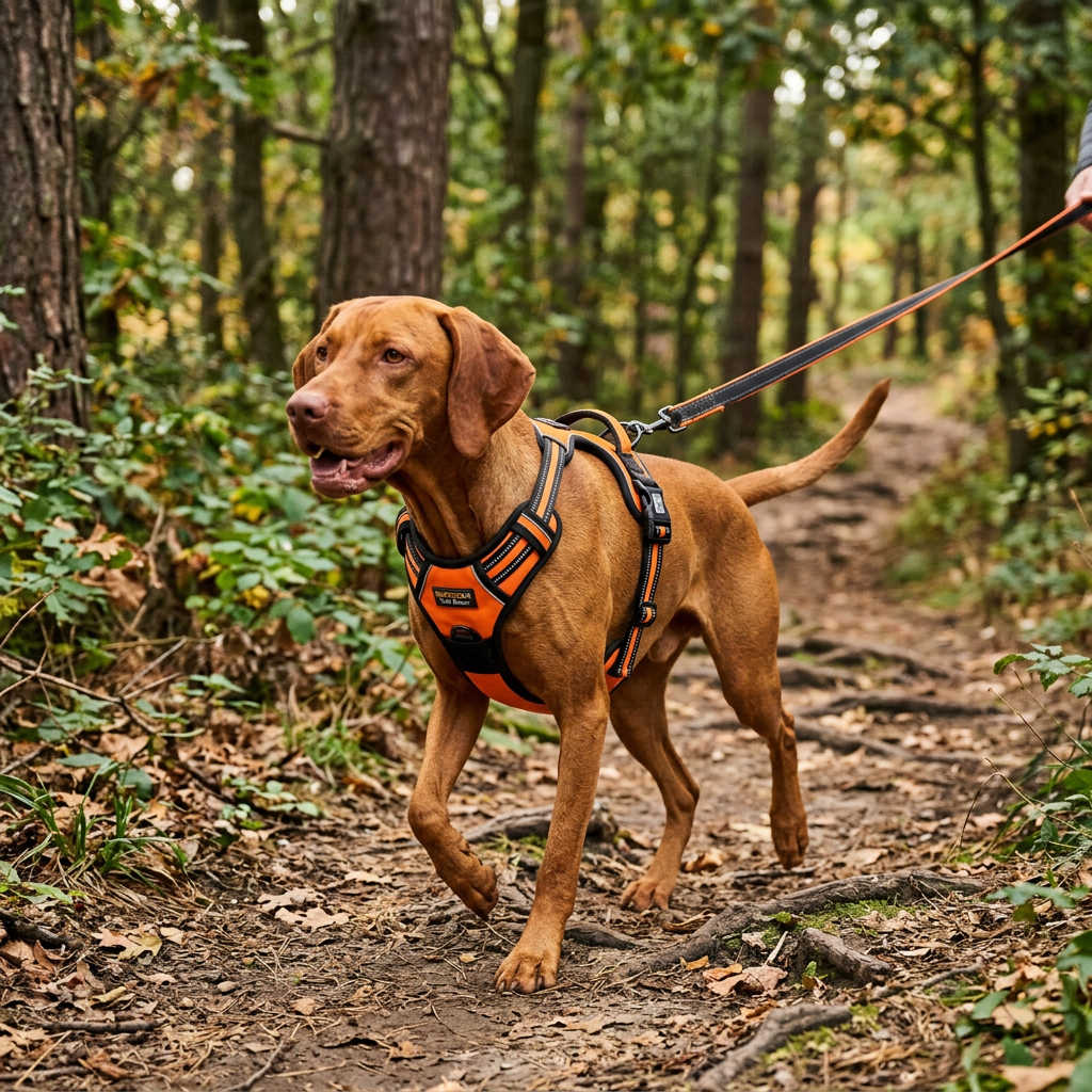 Brown dog wearing orange harness walking on forest trail with leash