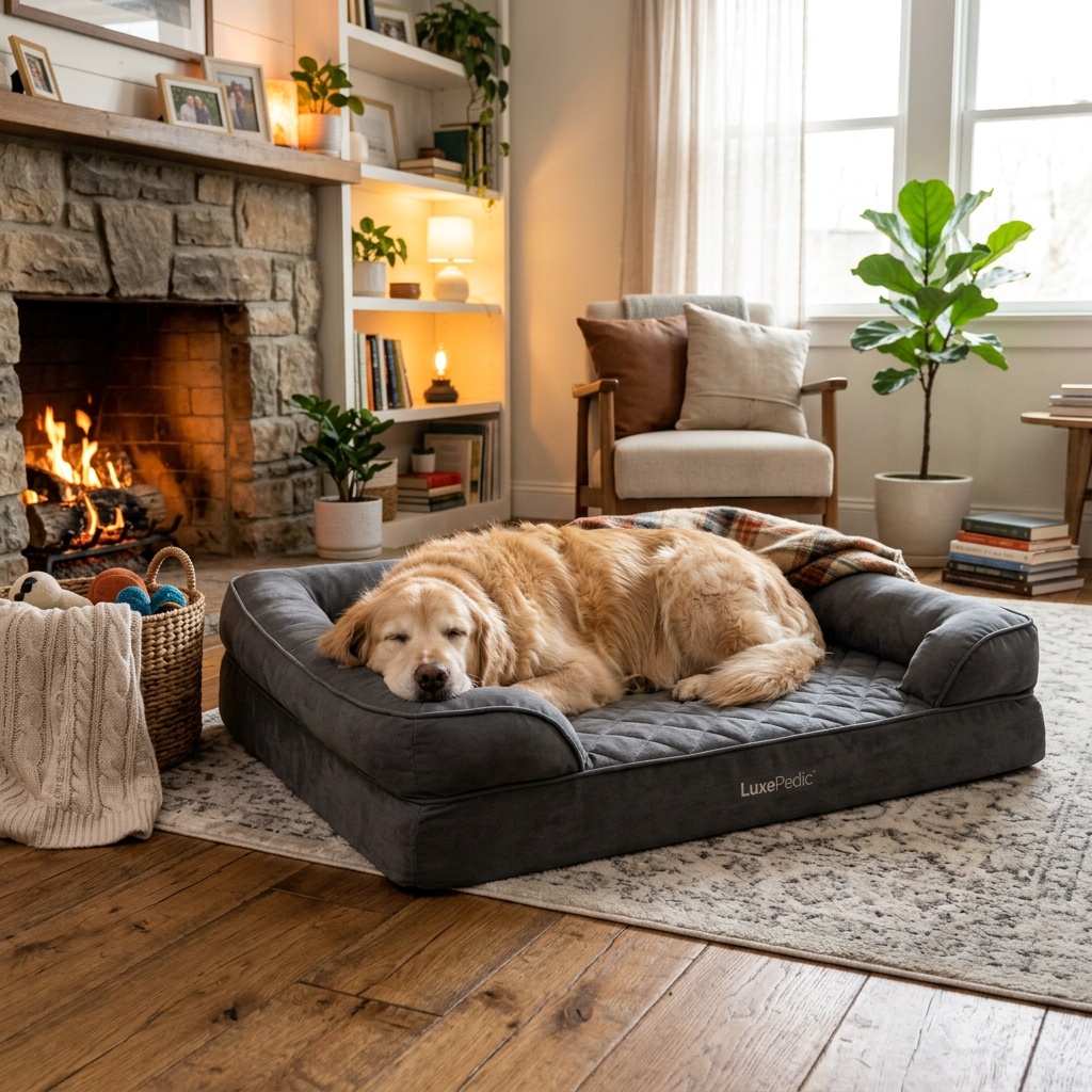 Orthopedic dog bed in cozy indoor setting
